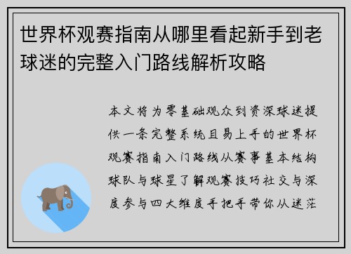 世界杯观赛指南从哪里看起新手到老球迷的完整入门路线解析攻略 世界杯观赛指南从哪里看起新手到老球迷的完整入门路线解析攻略
